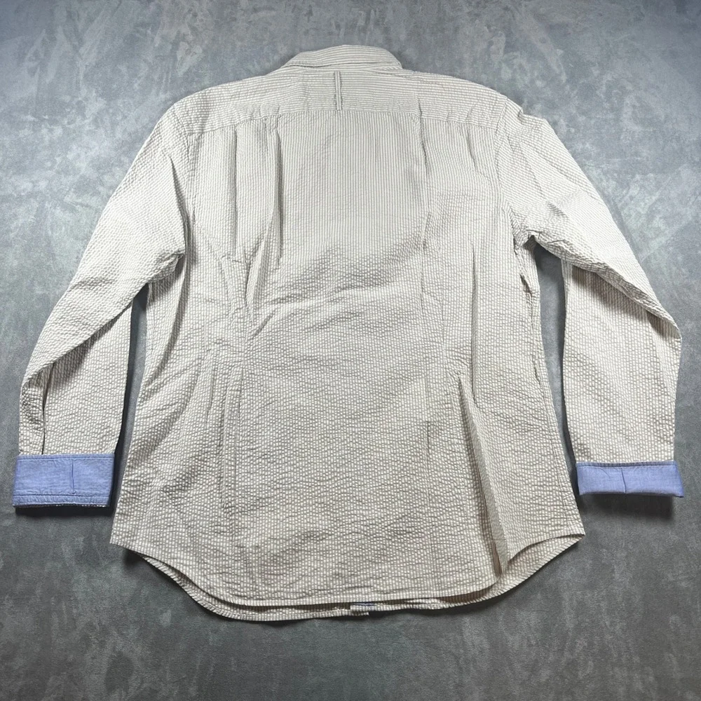Banana Republic Mens XL Seersucker Shirt Tan White Stripe Tailored Slim Fit‎ NWT